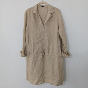 Sisley Linen Knee Length Shirt Dress Adjustable Waist Collared Roll Tab Medium M